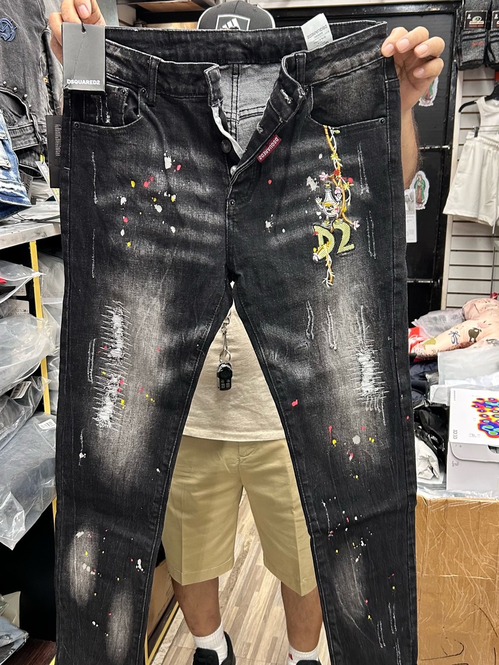 DSQUARED2 Black Distressed Skinny Jeans with Paint-Splatter & Embroidery